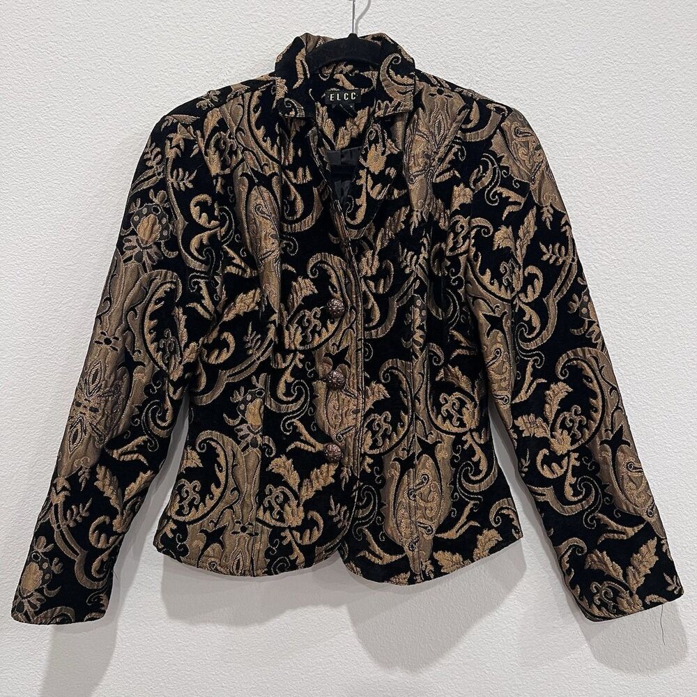 ELCC Jacket Floral Jacquard Baroque Tapestry Blazer Biege Gold Black Petite M